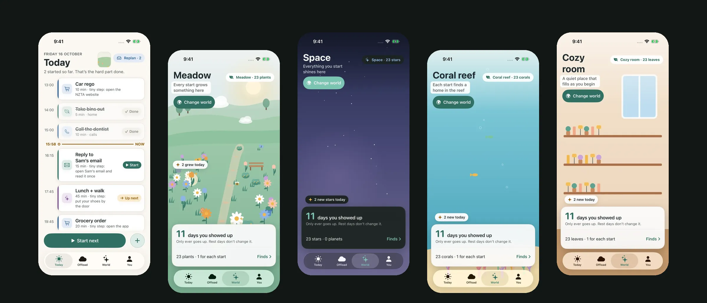 Startlet screens: Today, and the Meadow, Space, Coral reef and Cosy room worlds