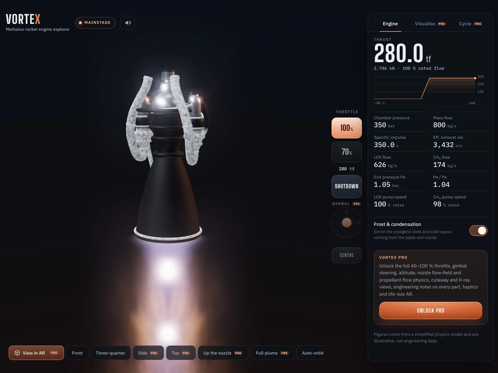 VorteX on iPad: the engine at ignition with the controls alongside