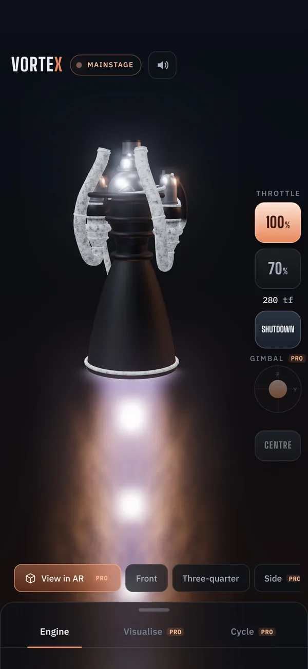 VorteX on iPhone: the 3D engine at full thrust, with the throttle and Shutdown controls