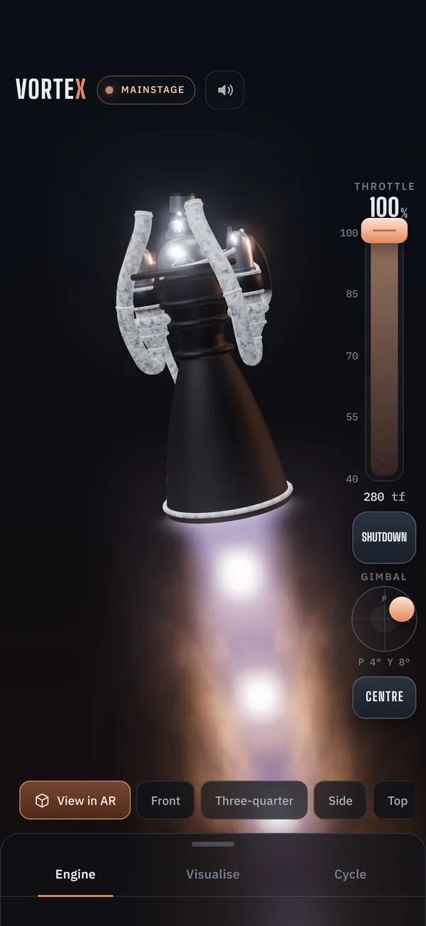 VorteX on iPhone: the engine tilted with the gimbal pad and the throttle slider