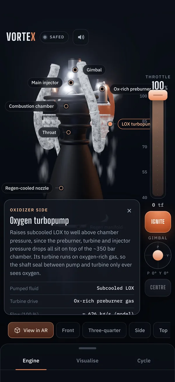 VorteX on iPhone: part labels with engineering notes on the oxygen turbopump