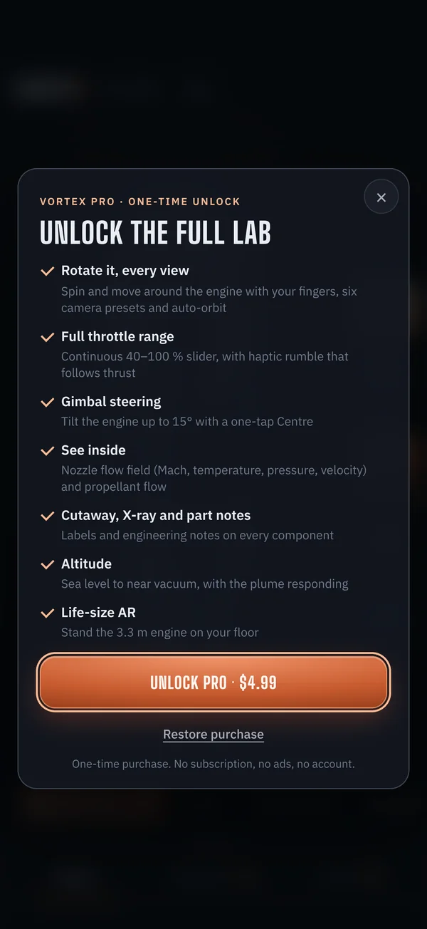 The VorteX Pro screen: Unlock the full lab, one-time unlock for US$4.99, with Restore purchase
