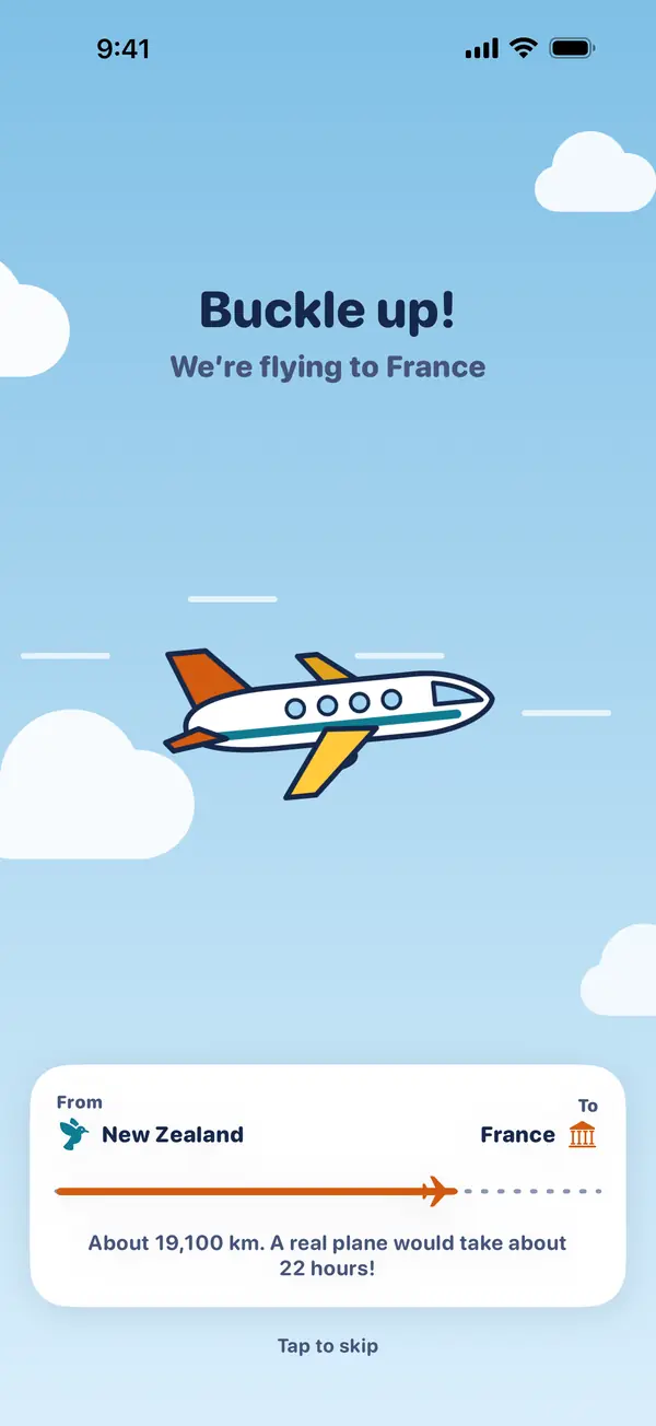 A cartoon aeroplane flying between clouds, with the words 