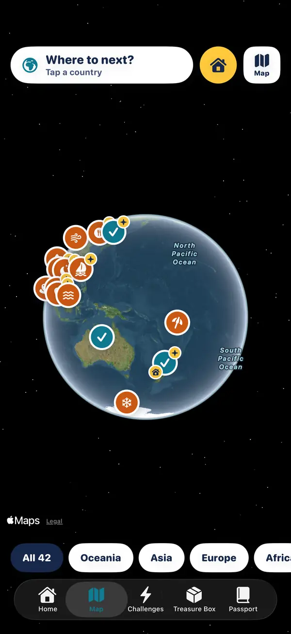 The Mapplings map shown as a 3D satellite globe, with pins and tick marks on the countries, and a search bar that says 