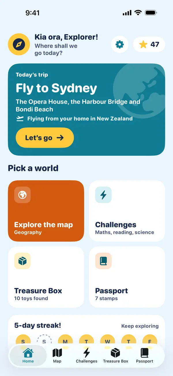 The Mapplings home screen: a greeting, a star count, a card for today's trip to Sydney, tiles for the map, challenges, treasure box and passport, and a five-day streak.