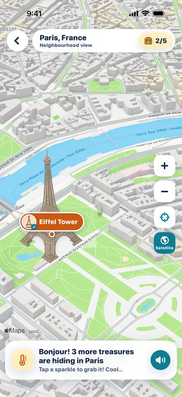 The street explorer in Paris: a 3D city map with buildings, the Eiffel Tower pin, zoom buttons and a hint about hidden treasures.