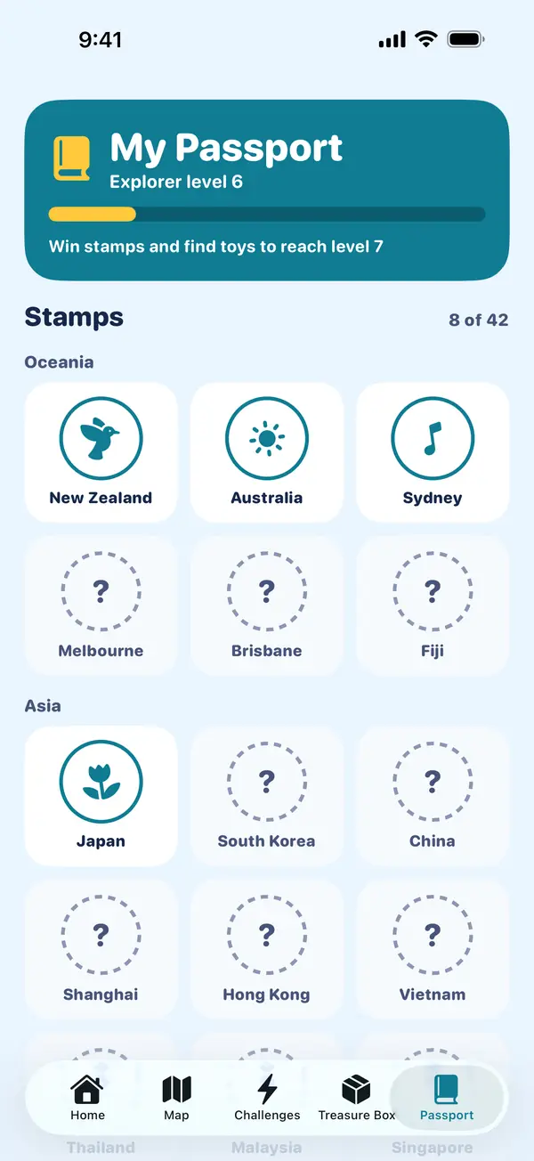 The My Passport screen showing explorer level 6 and a grid of country and city stamps grouped by continent.