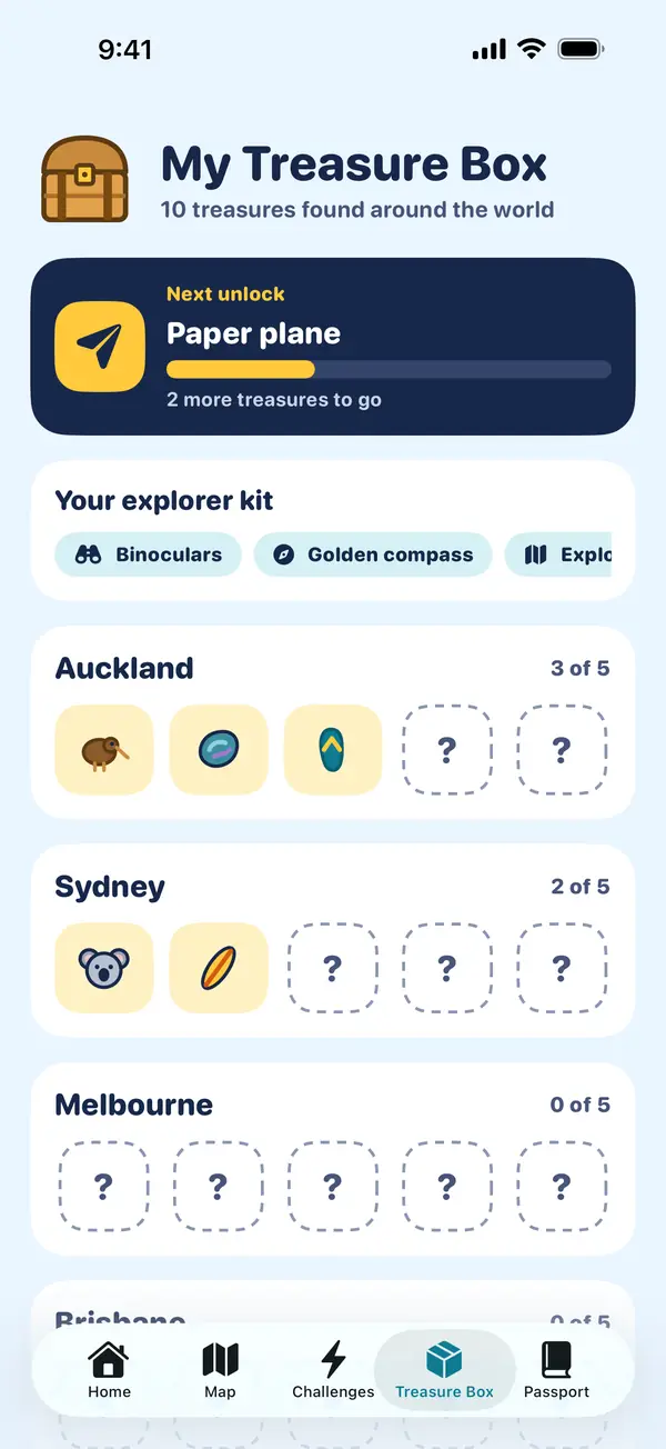 The Treasure Box screen showing the explorer kit and the treasures found in Auckland, Sydney and Melbourne.
